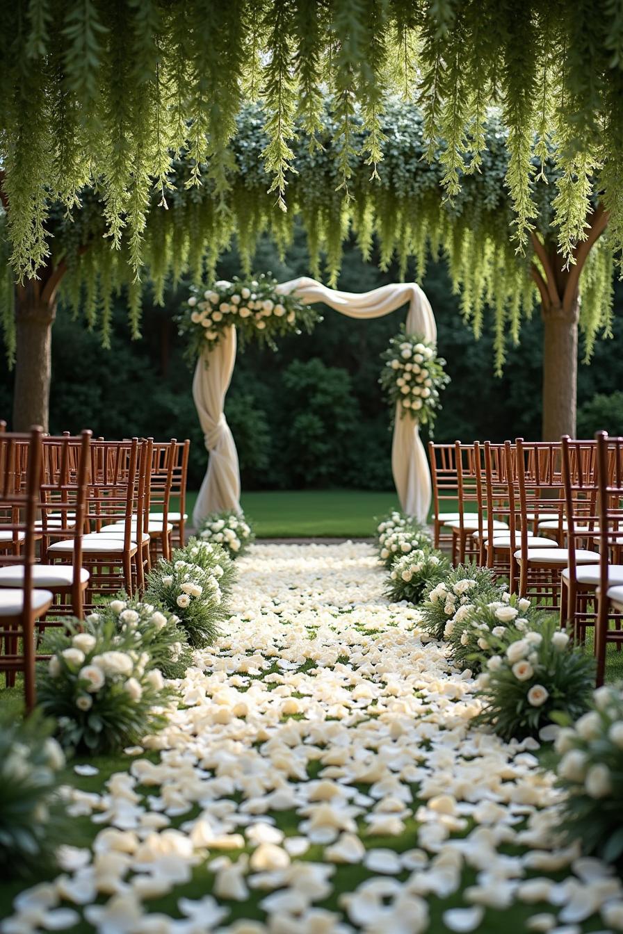 Elegant garden pathway adorned with white petals and lush greenery