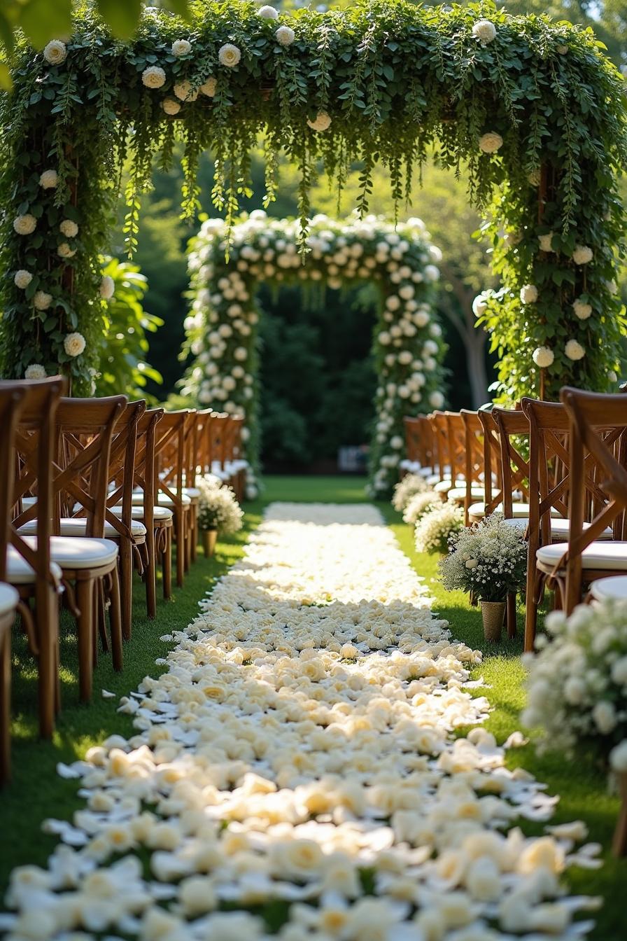 Petal-covered aisle under floral arches