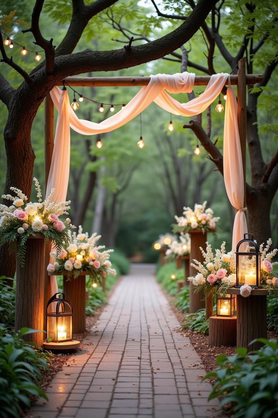 Softly Lit Garden Path with Floral Arrangements and Lanterns