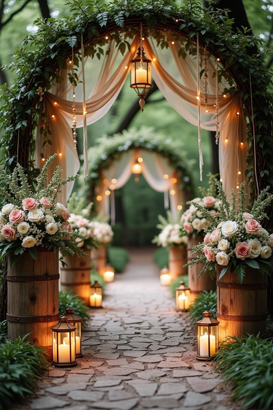 Enchanting floral arch with lanterns and candles