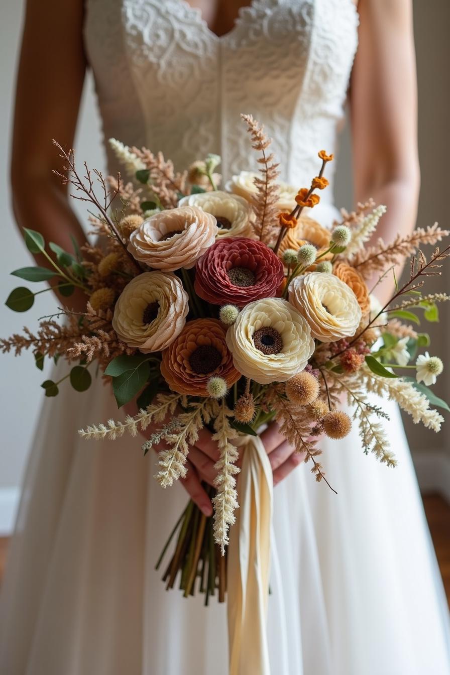 Bride Holding a Rustic Floral Bouquet