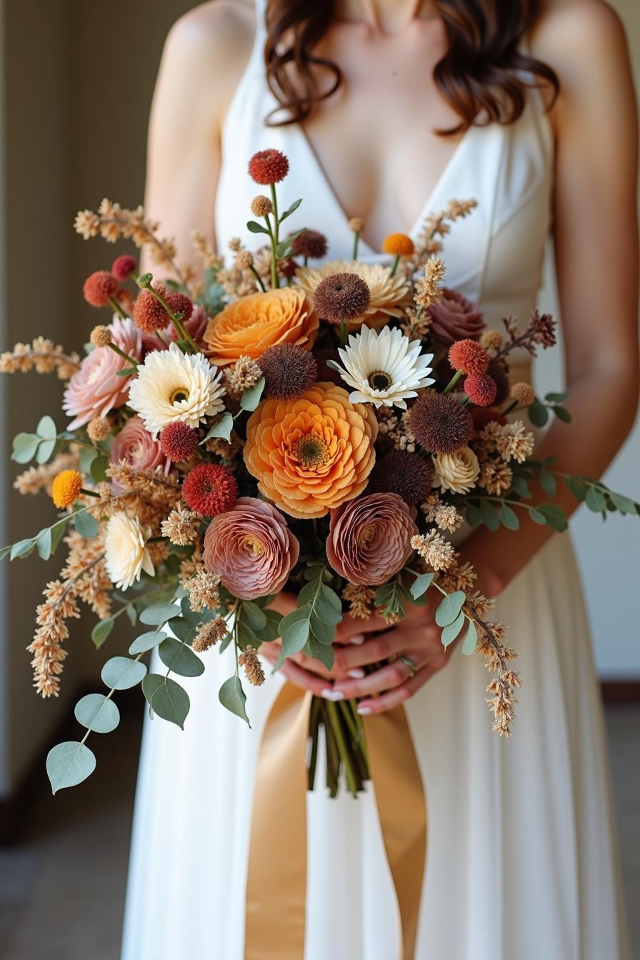 Bride holding a bouquet with warm-toned flowers