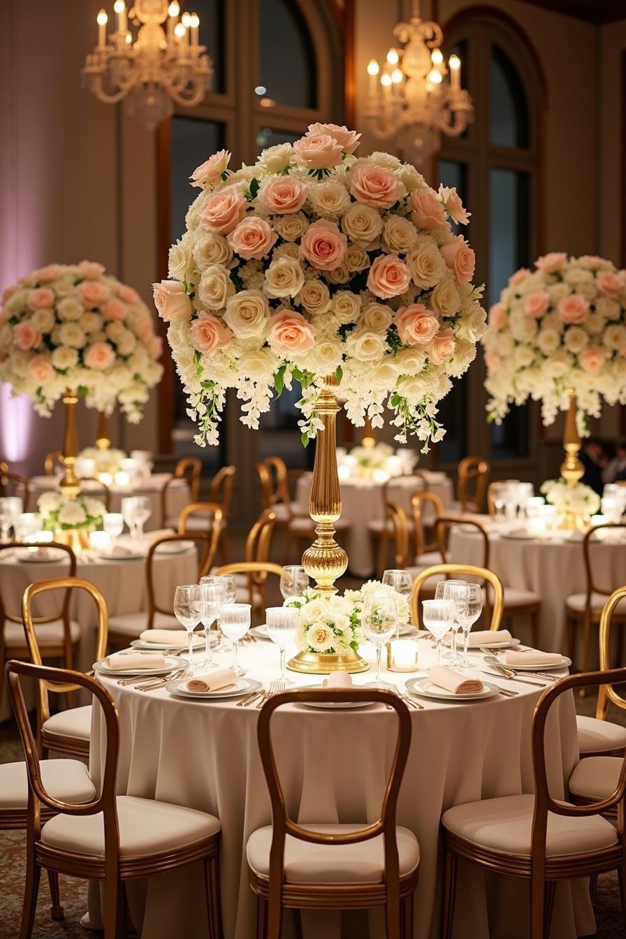 Elegant wedding table with tall floral centerpieces