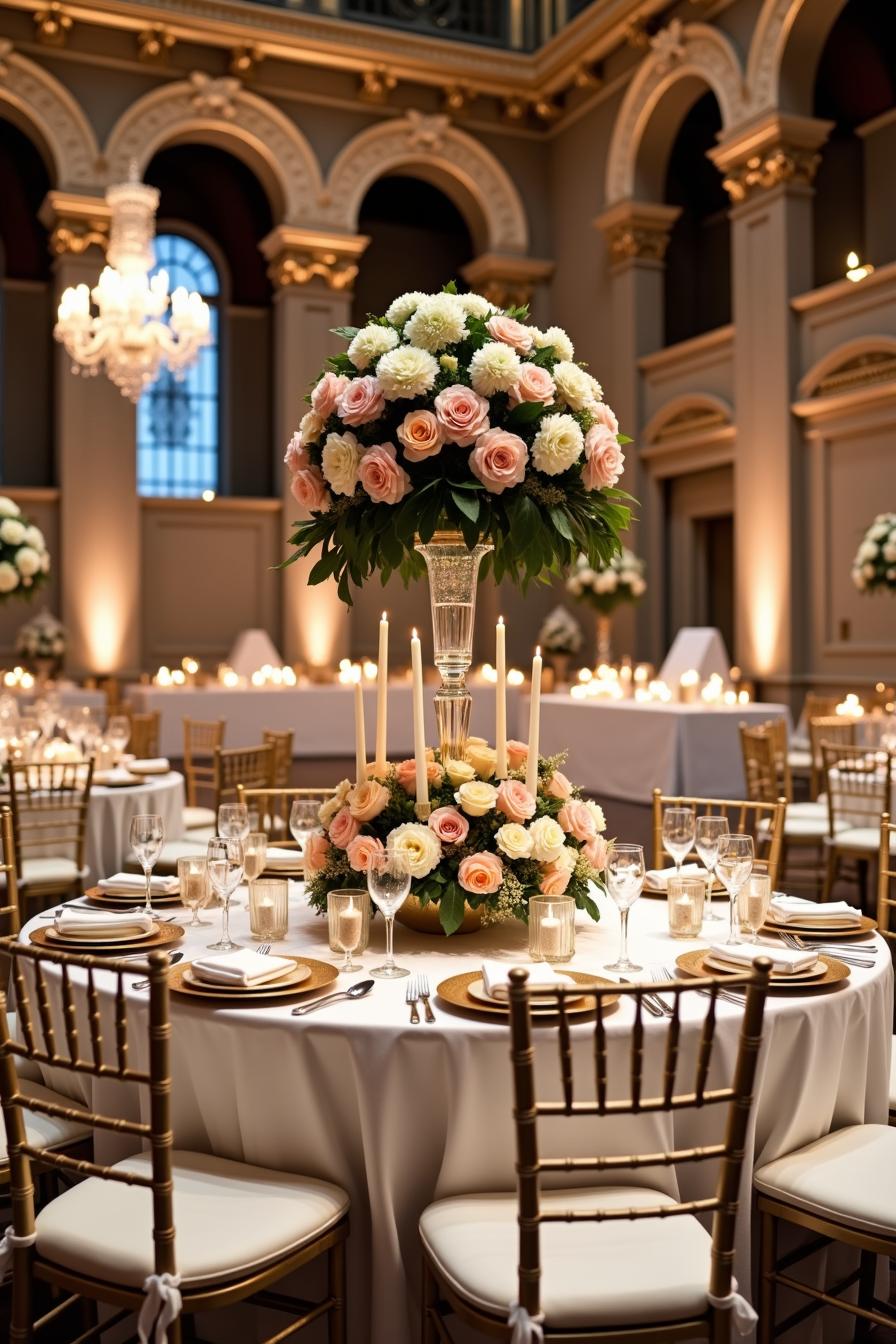 Opulent wedding table with pink and white roses, tall candles, and golden accents