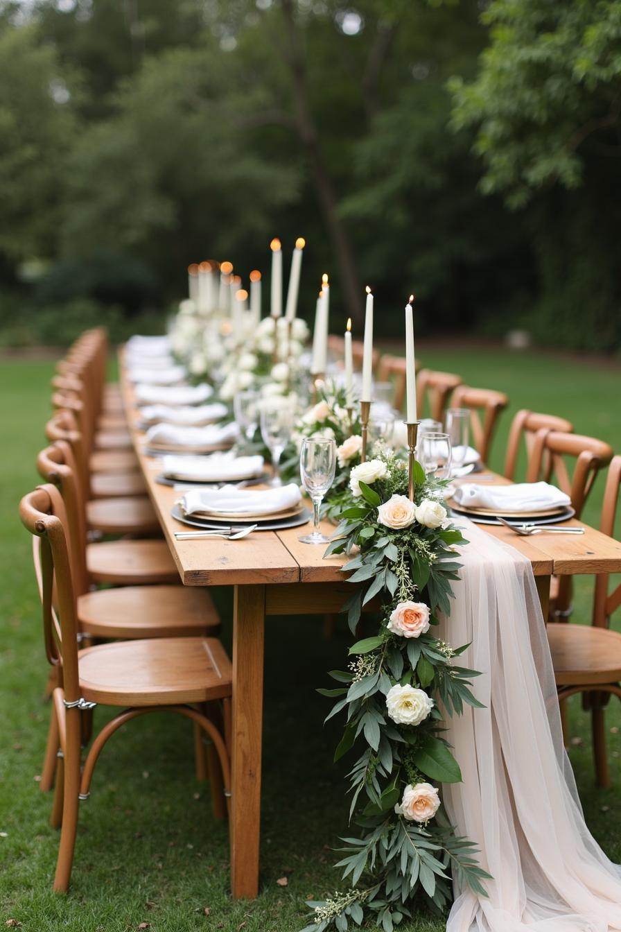 Long wooden table with floral garland and candles