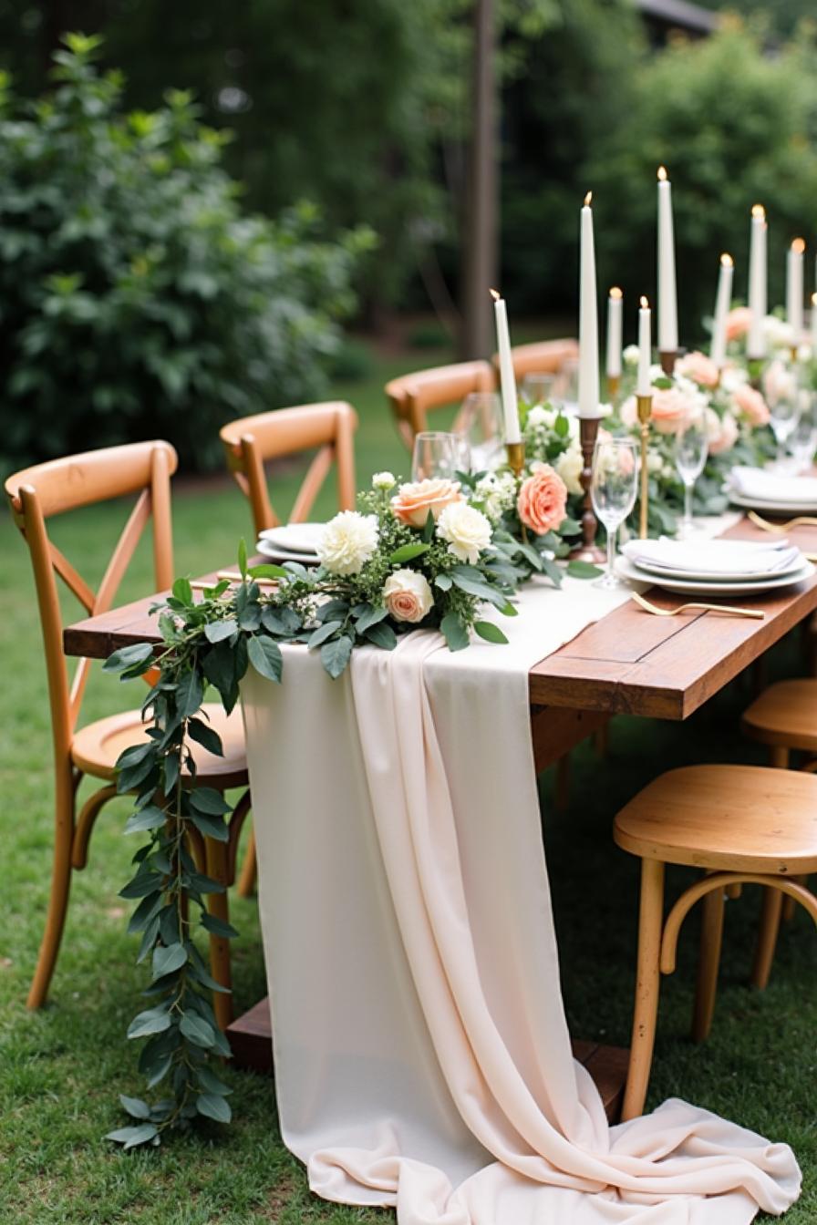 Wedding table with greenery, flowers, and tall candles