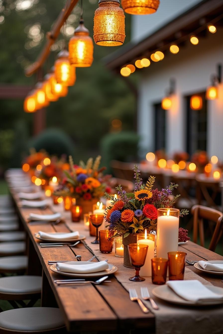 Table set with colorful flowers and candles, under hanging lanterns