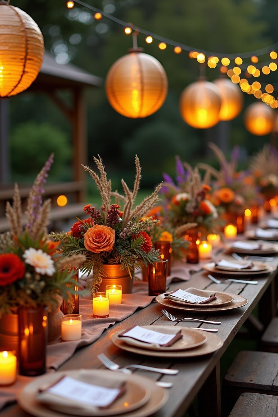 Outdoor wedding table with glowing lanterns and floral arrangements