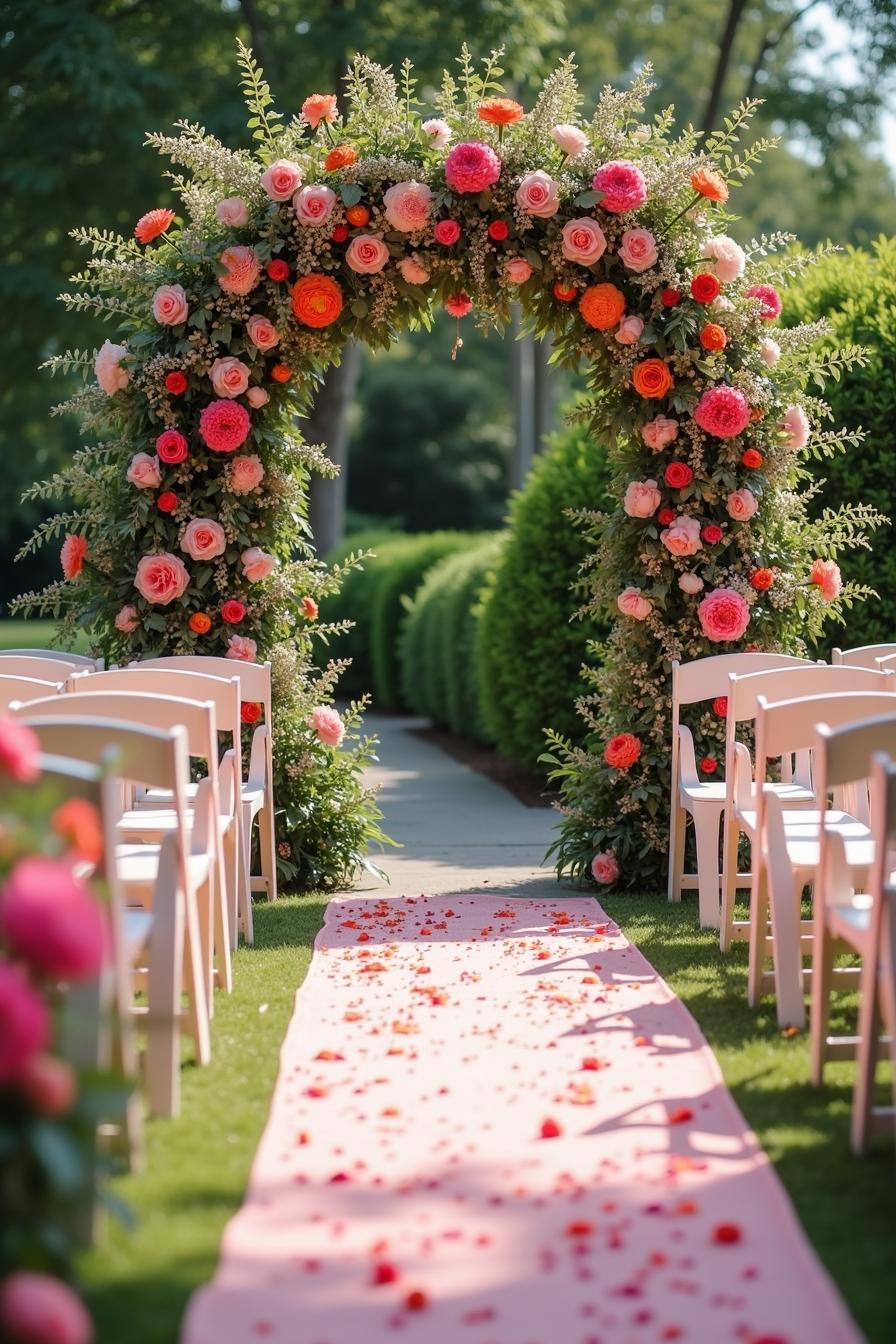 Beautiful floral archway with roses and a petal-strewn pink aisle