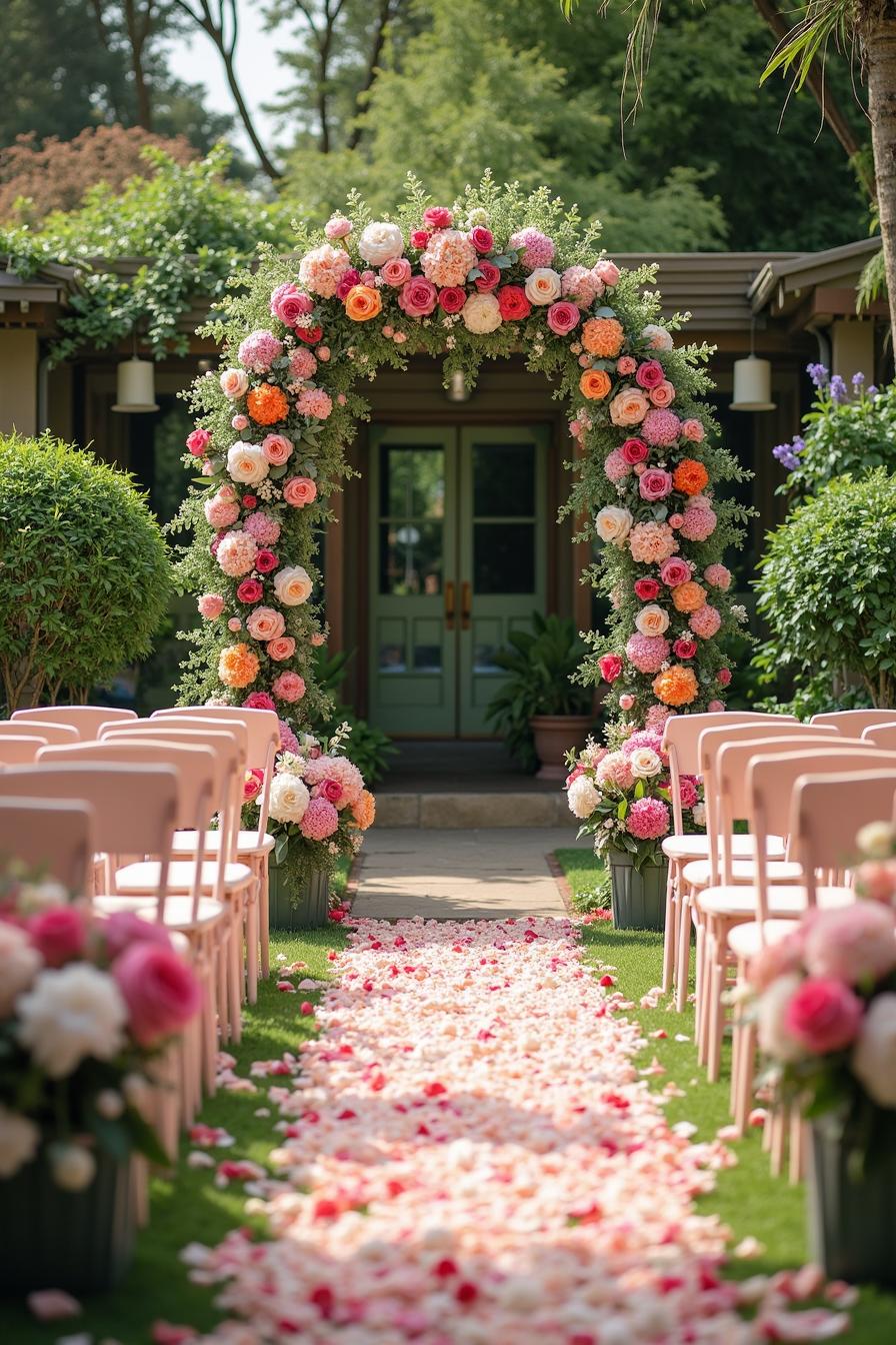 Floral archway with a petal-strewn aisle