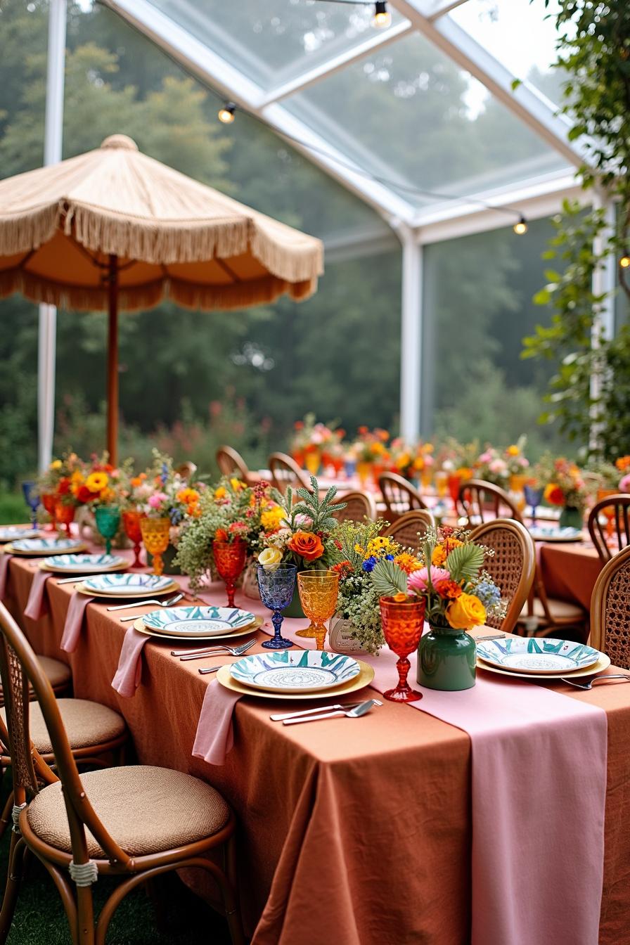 Colorful table settings with vibrant flowers and glassware