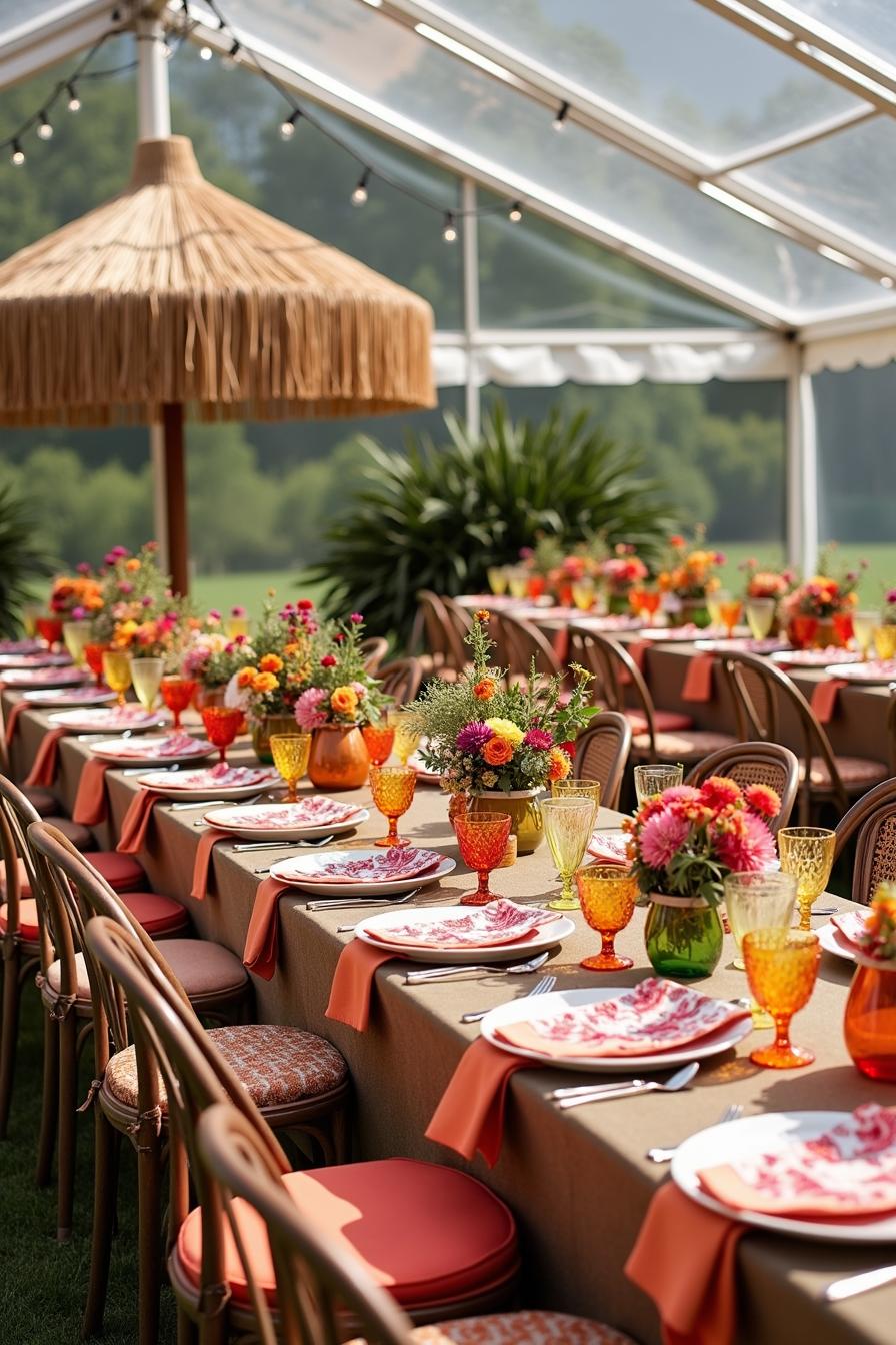 Vibrant wedding tablescape with colorful flowers and glassware