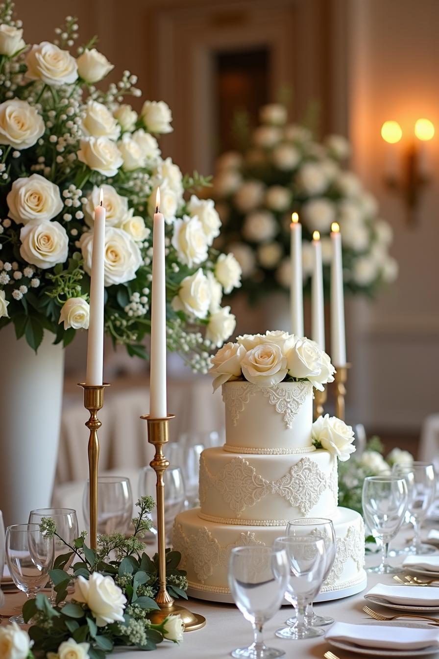 White roses and candles on an elegantly decorated table