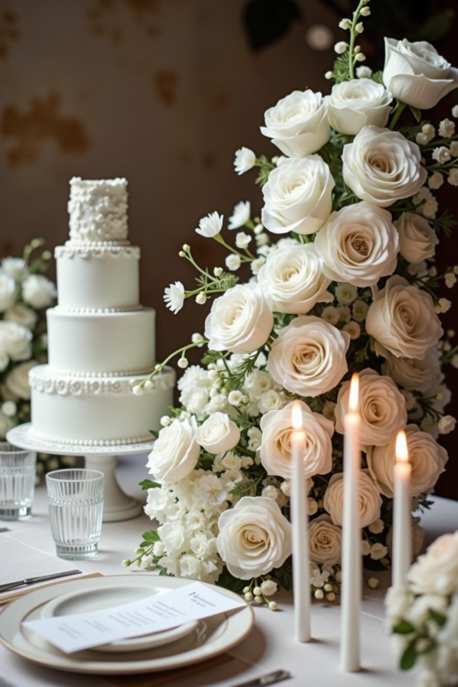 White roses surround a tall, elegant wedding cake next to glowing candles