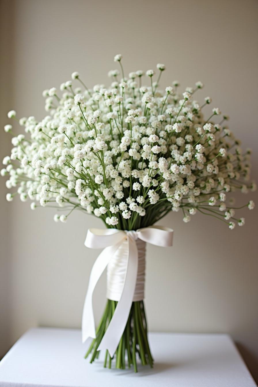 Bouquet of baby's breath with a white ribbon