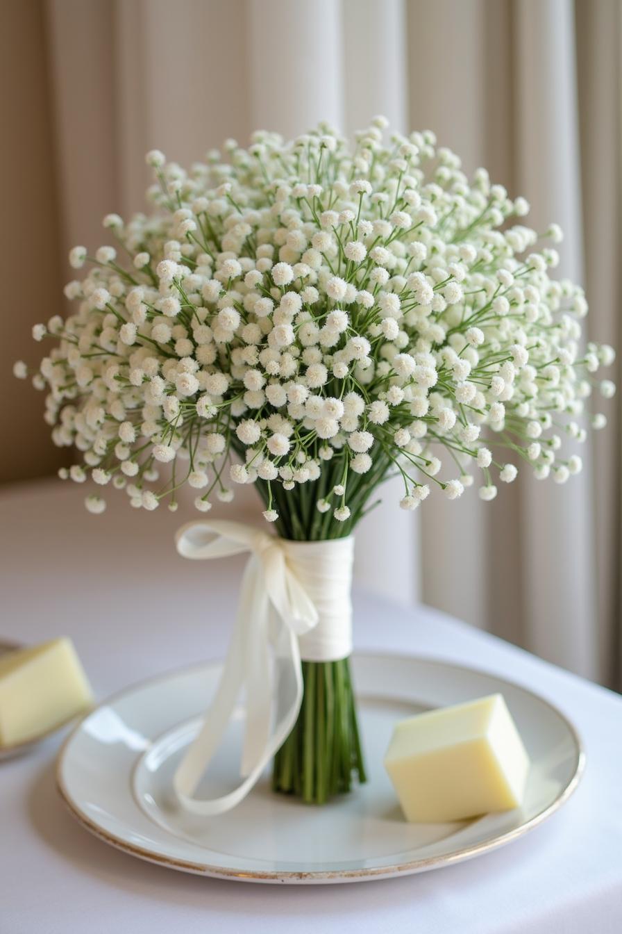 White bridal bouquet with satin ribbon on a plate