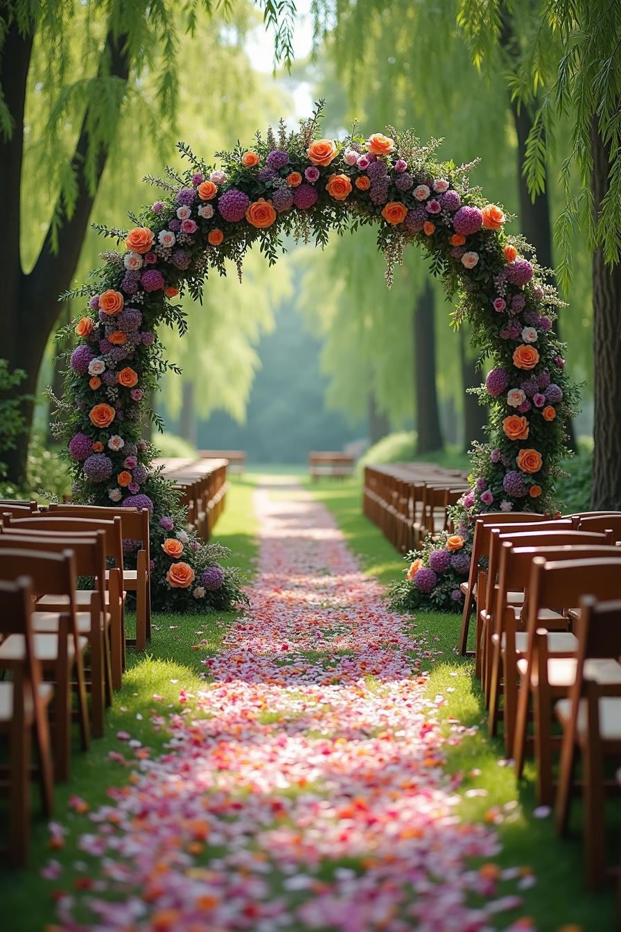 A vibrant floral arch adorns a sunlit aisle with scattered petals