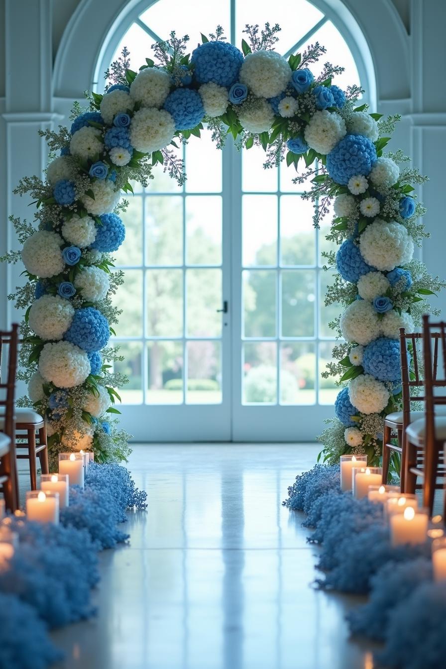 Blue and white floral arch with candles lining the aisle