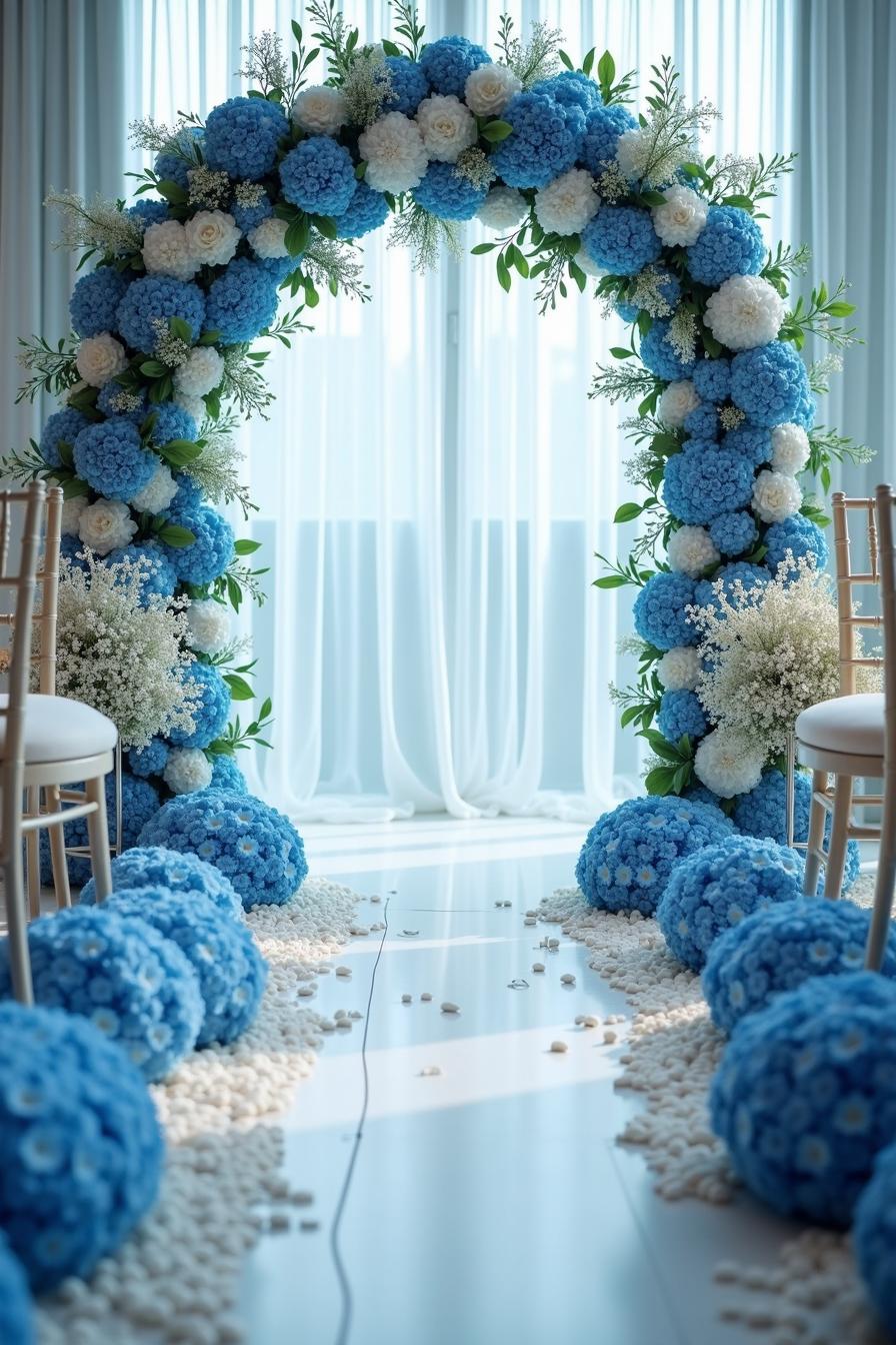 Blue floral archway with aisle of petals and chairs set