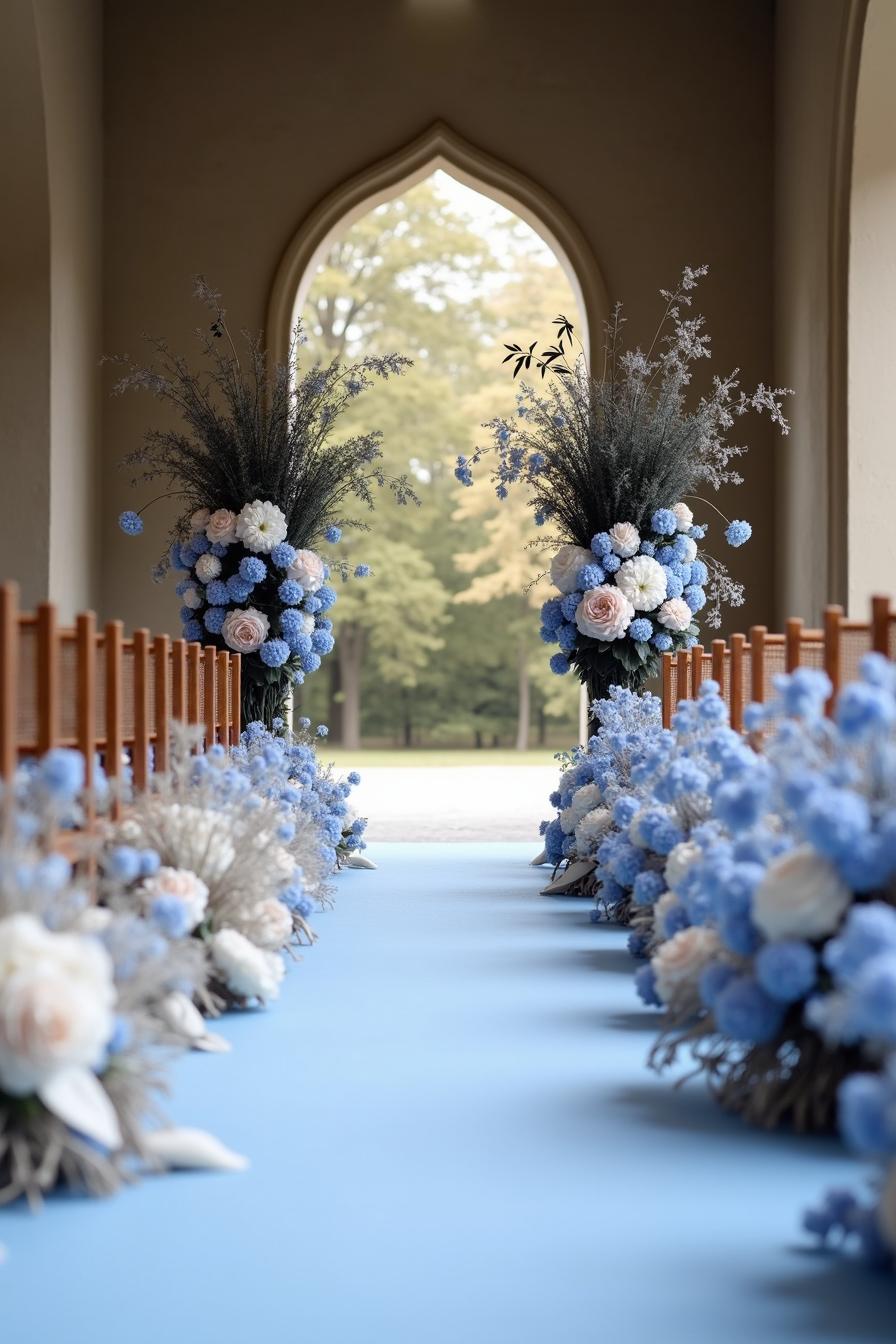 Pathway with blue and white floral arrangements leading to an open archway