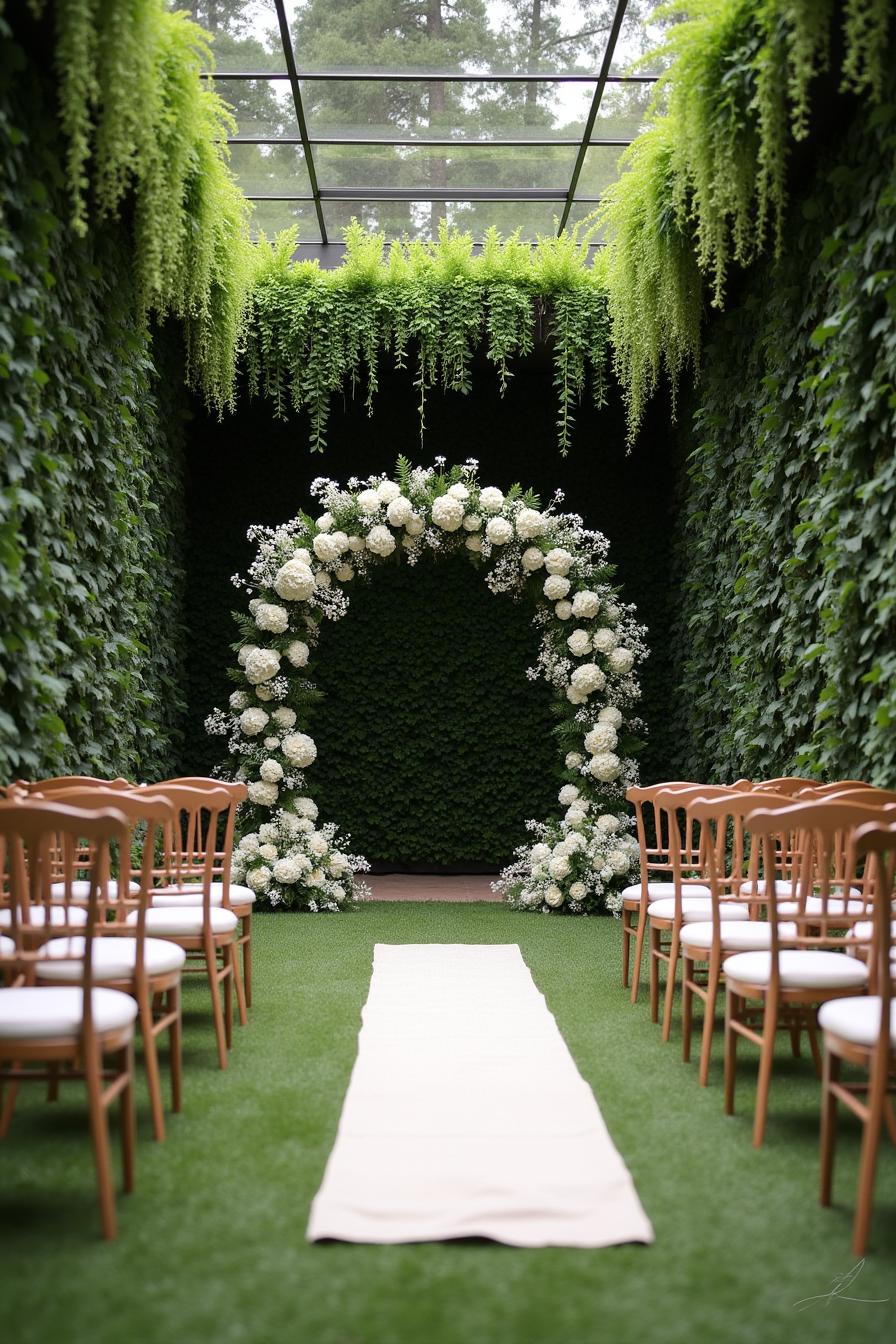 Elegant archway adorned with white flowers in a leafy garden setting