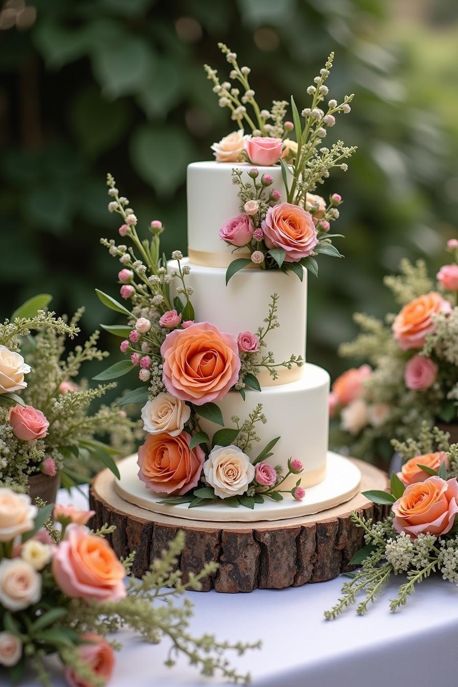 Wedding cake adorned with fresh flowers on a wooden stand