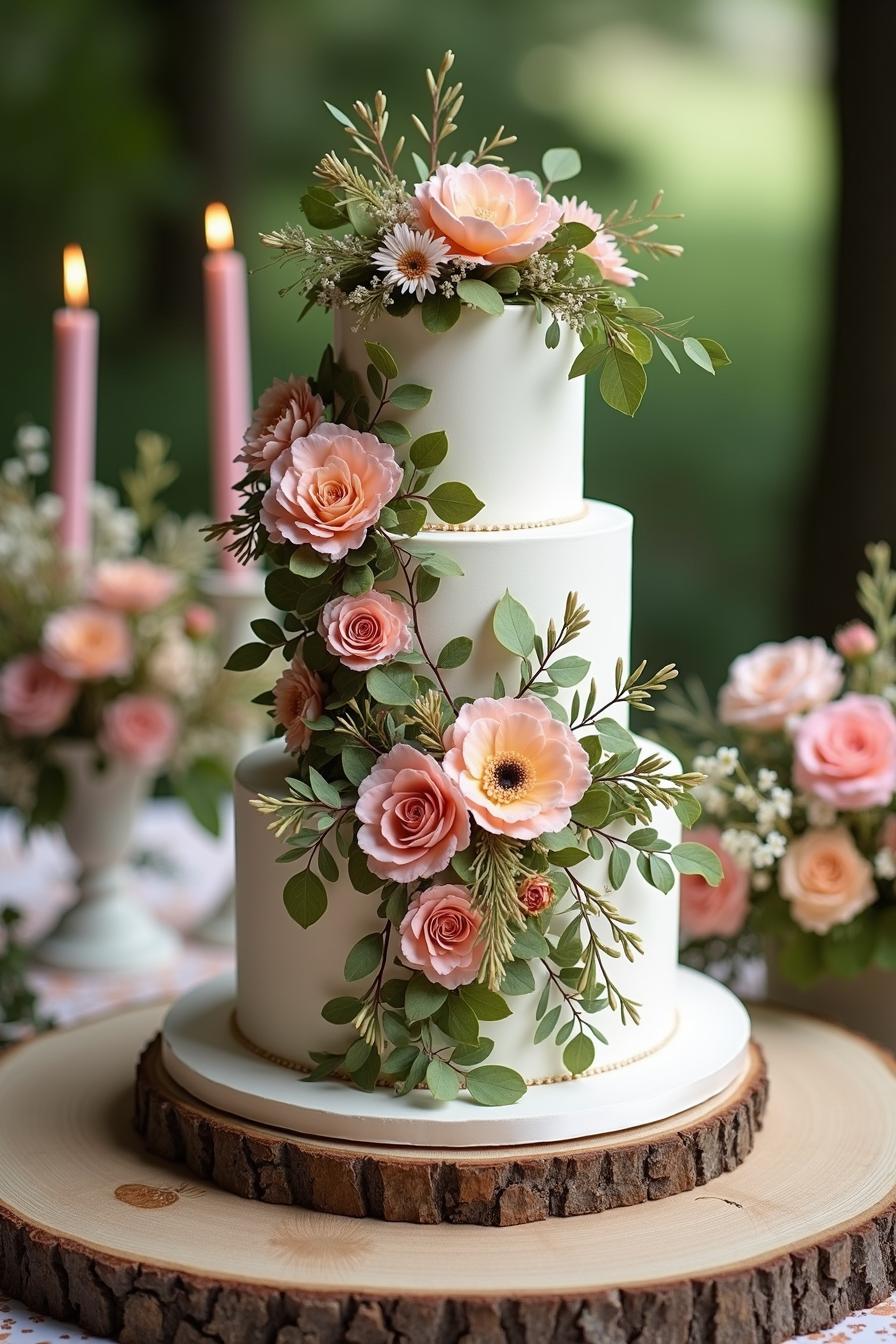 Three-tier wedding cake adorned with peach flowers on a wooden stand