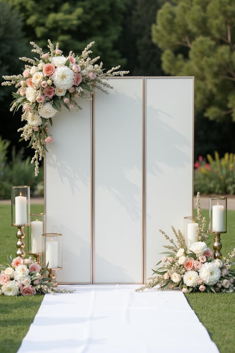 Elegant wedding backdrop with floral arrangements and candles