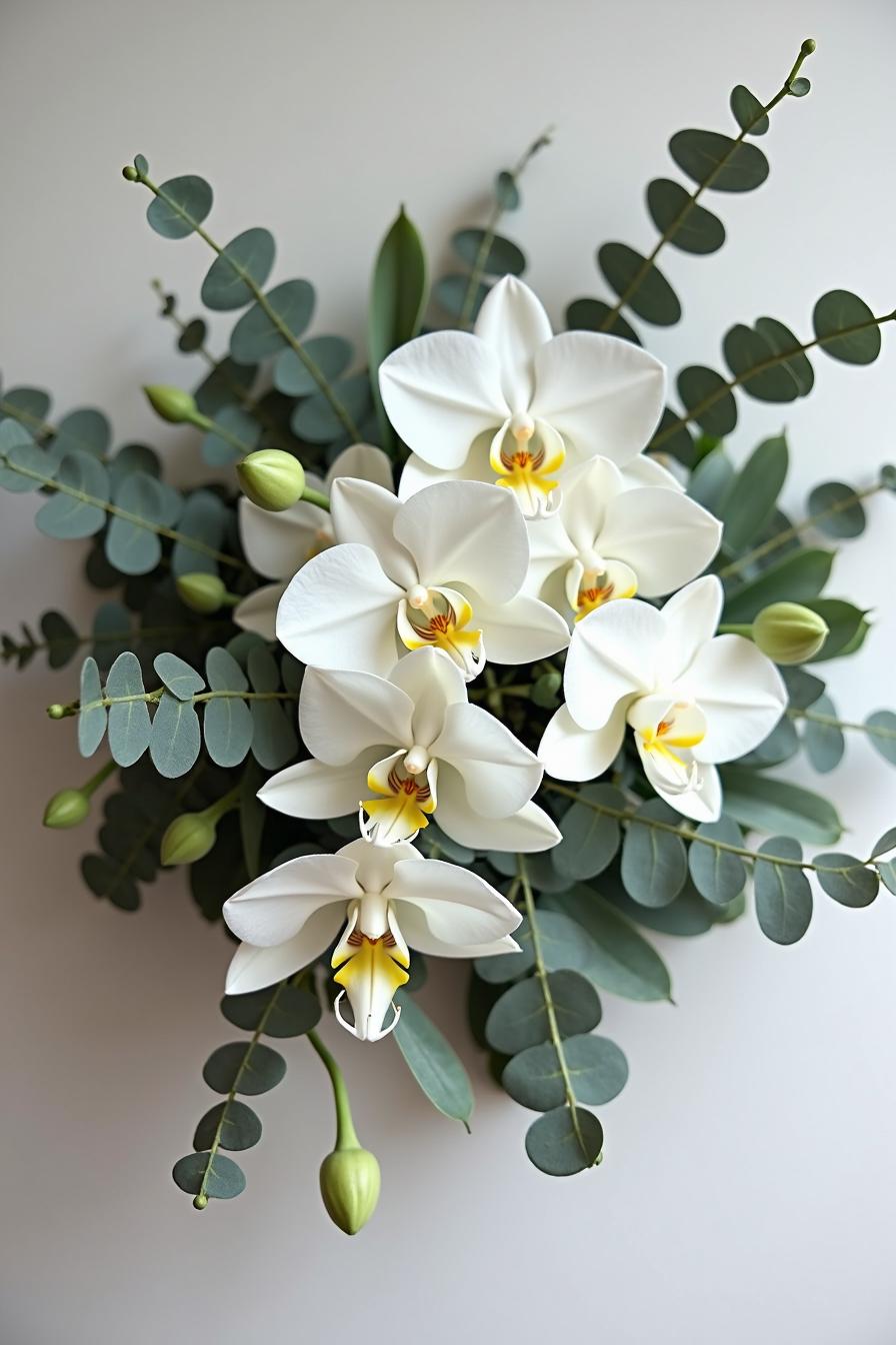 White orchids with eucalyptus leaves