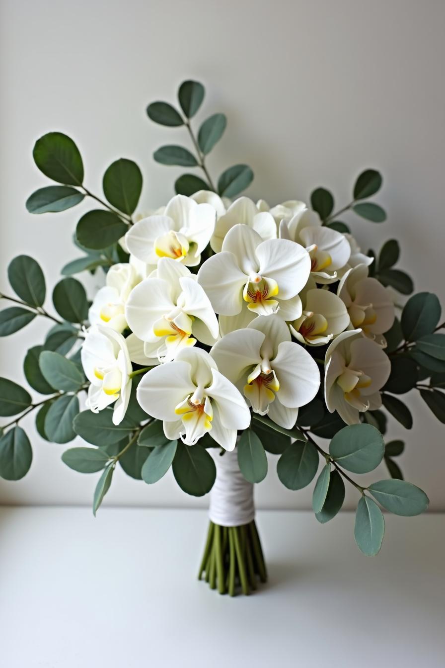 White orchid bouquet with eucalyptus leaves