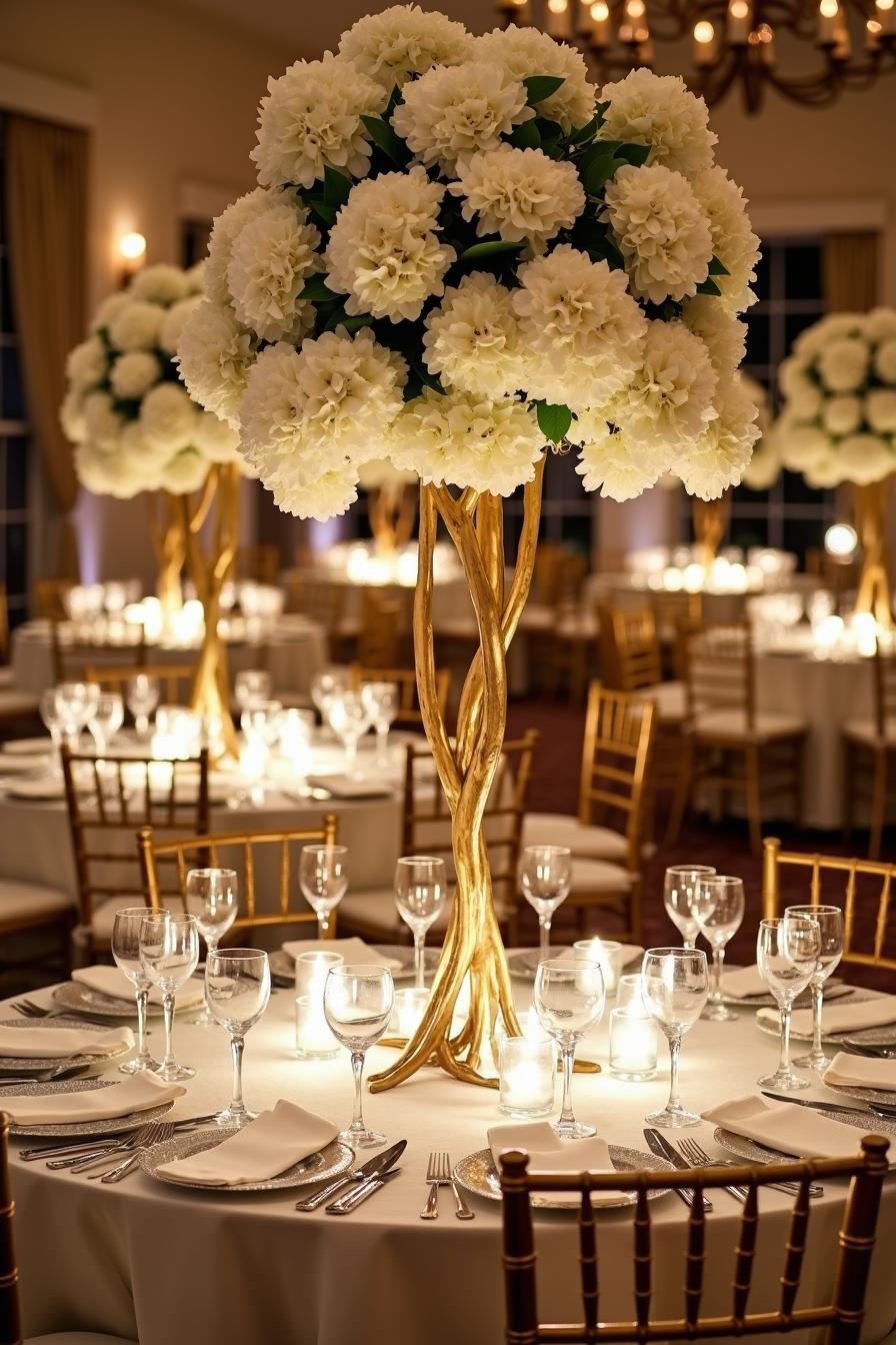 Exquisite white floral centerpieces on lit tables