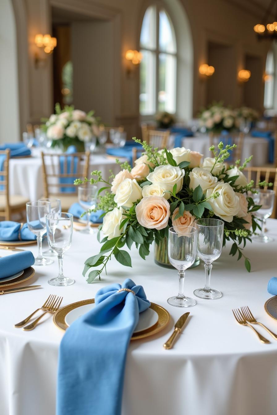 Table with white linens, blue napkins, and floral centerpiece