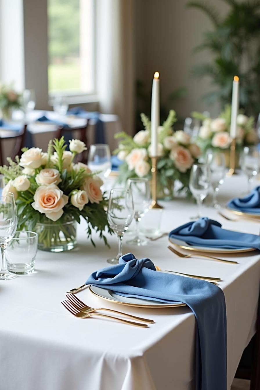 Elegant blue-themed wedding table decor with flowers and candles