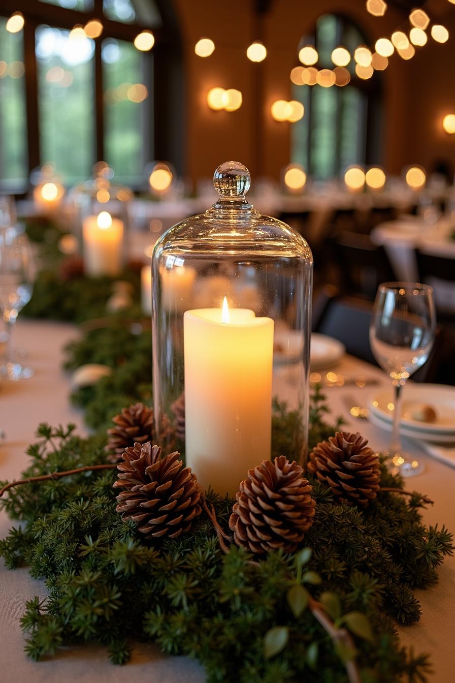 Elegantly arranged candle centerpiece with pinecones and greenery