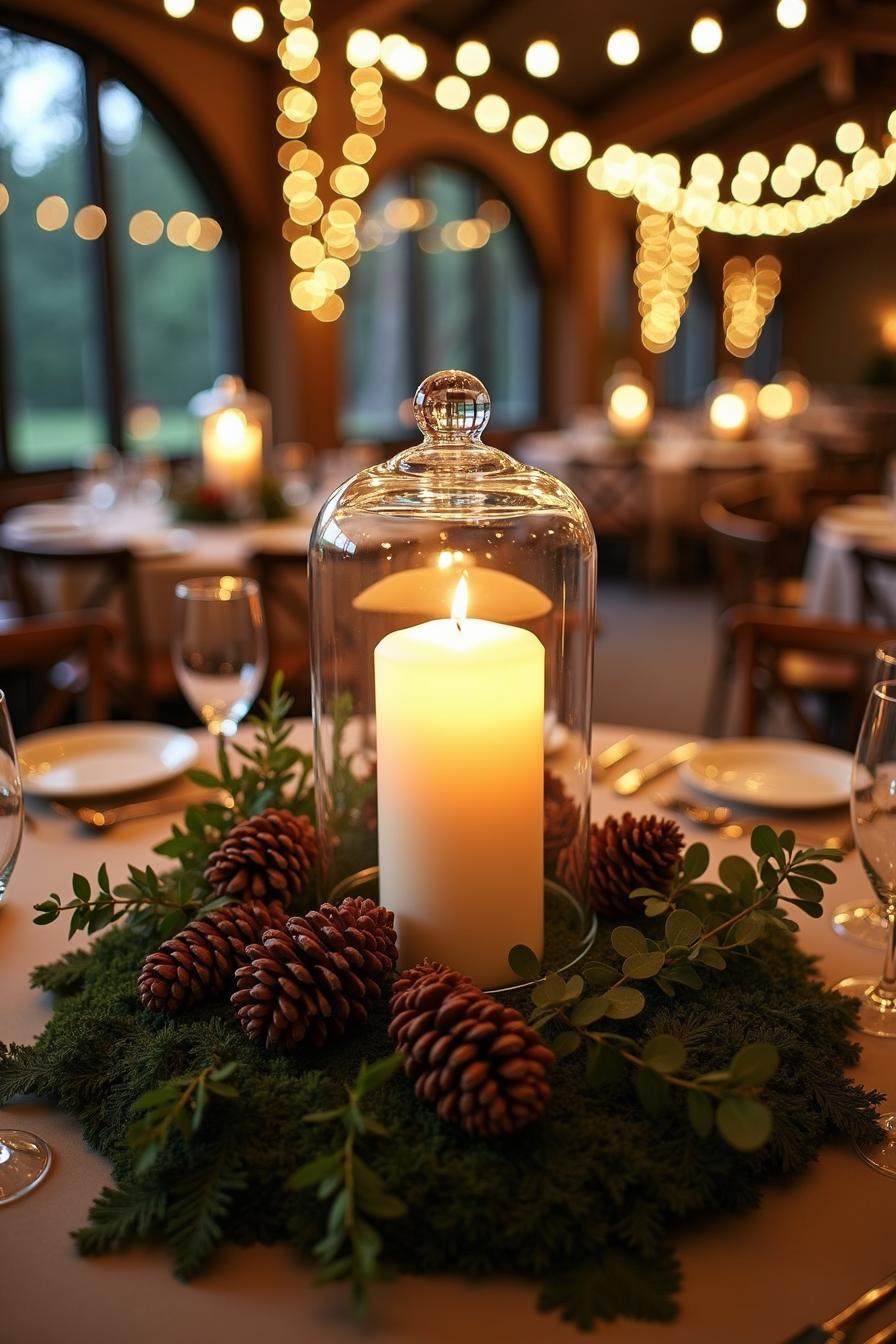 Table centerpiece with candle under glass, surrounded by pinecones