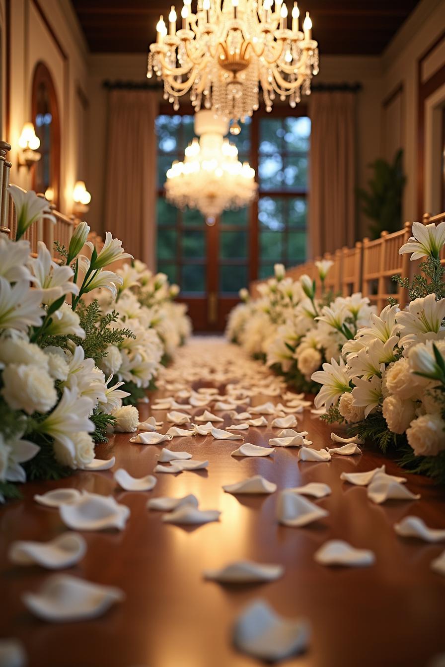 Luxurious wedding aisle adorned with white flowers and chandeliers above