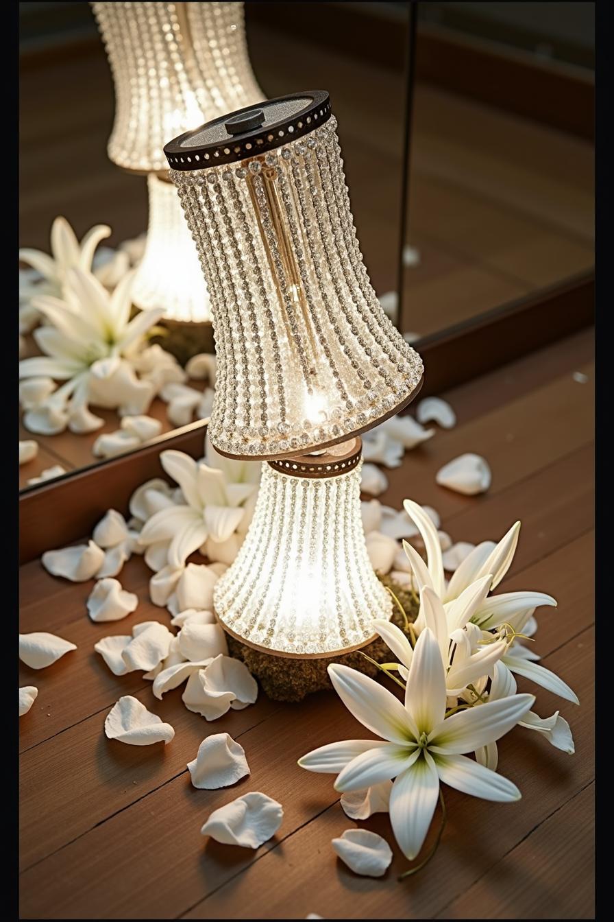 Crystal lamps surrounded by petals and white lilies