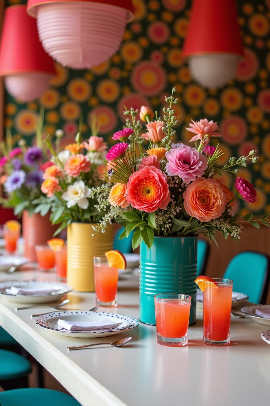 Vibrant floral arrangements in colorful tin cans with bright drinks