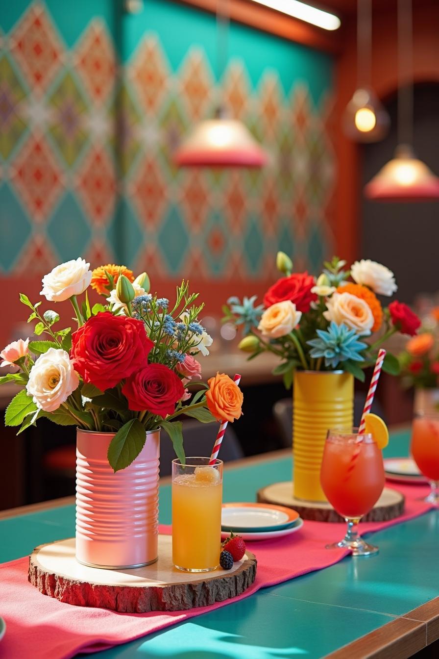 Vibrant floral arrangements in tin cans on a colorful table