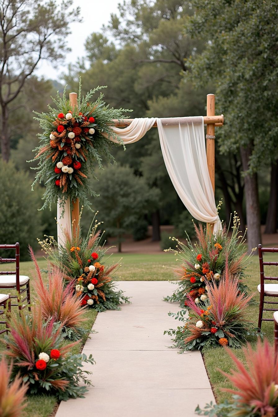 Outdoor wedding arch adorned with vibrant flowers and greenery