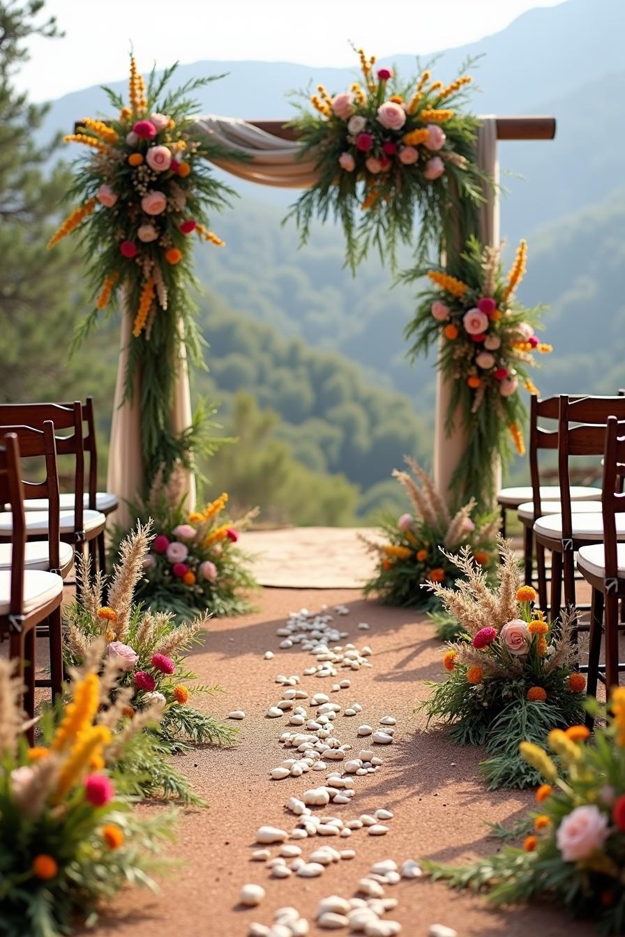 Outdoor wedding arch with vibrant floral arrangements