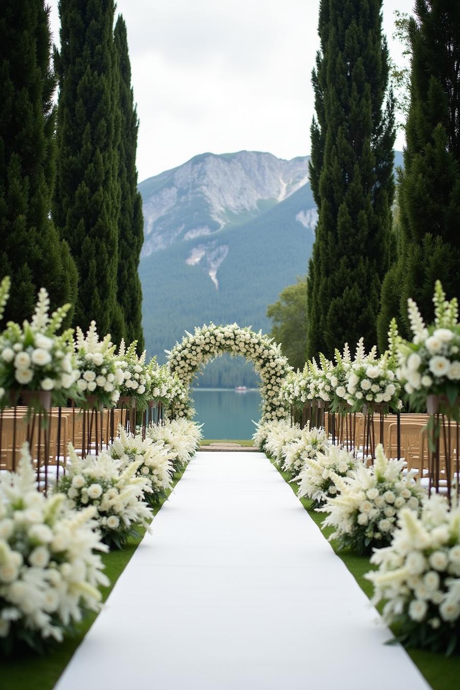 The wedding decor presents an elegant and serene garden theme set against a breathtaking natural backdrop. A long white aisle flanked by lush 1