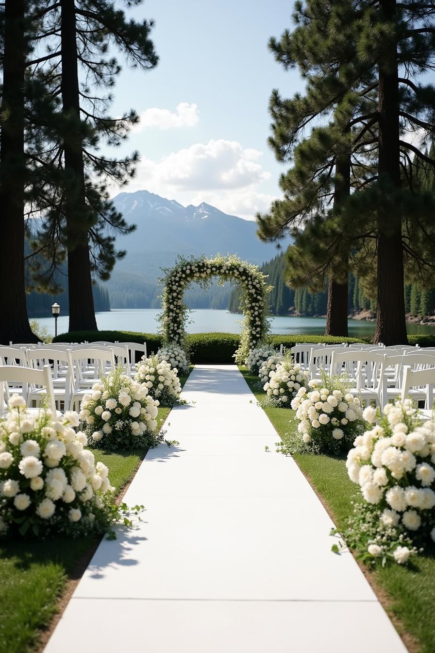 White floral arch in garden with lake and mountain backdrop