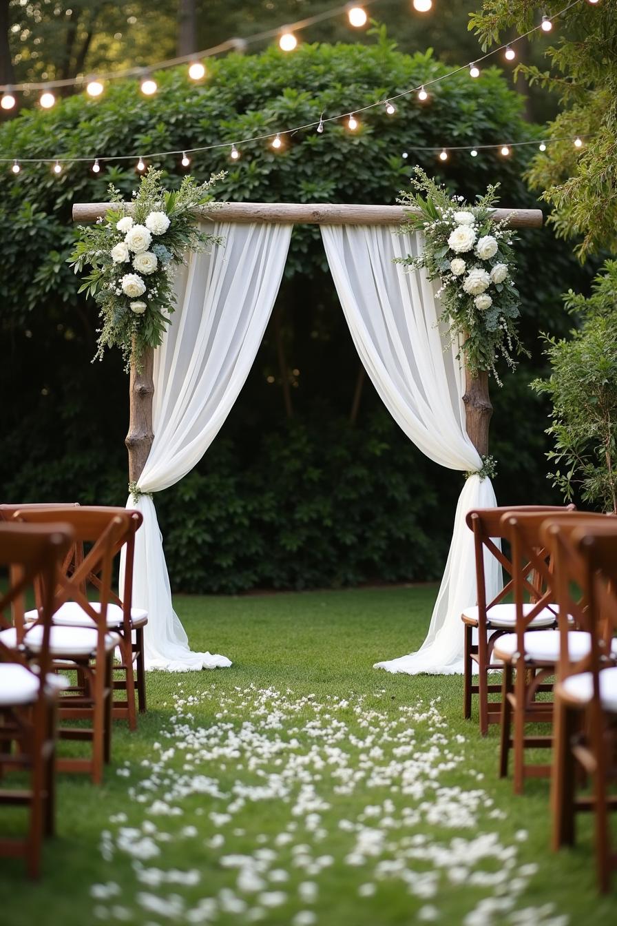 Wooden arch draped with white fabric and flowers under string lights