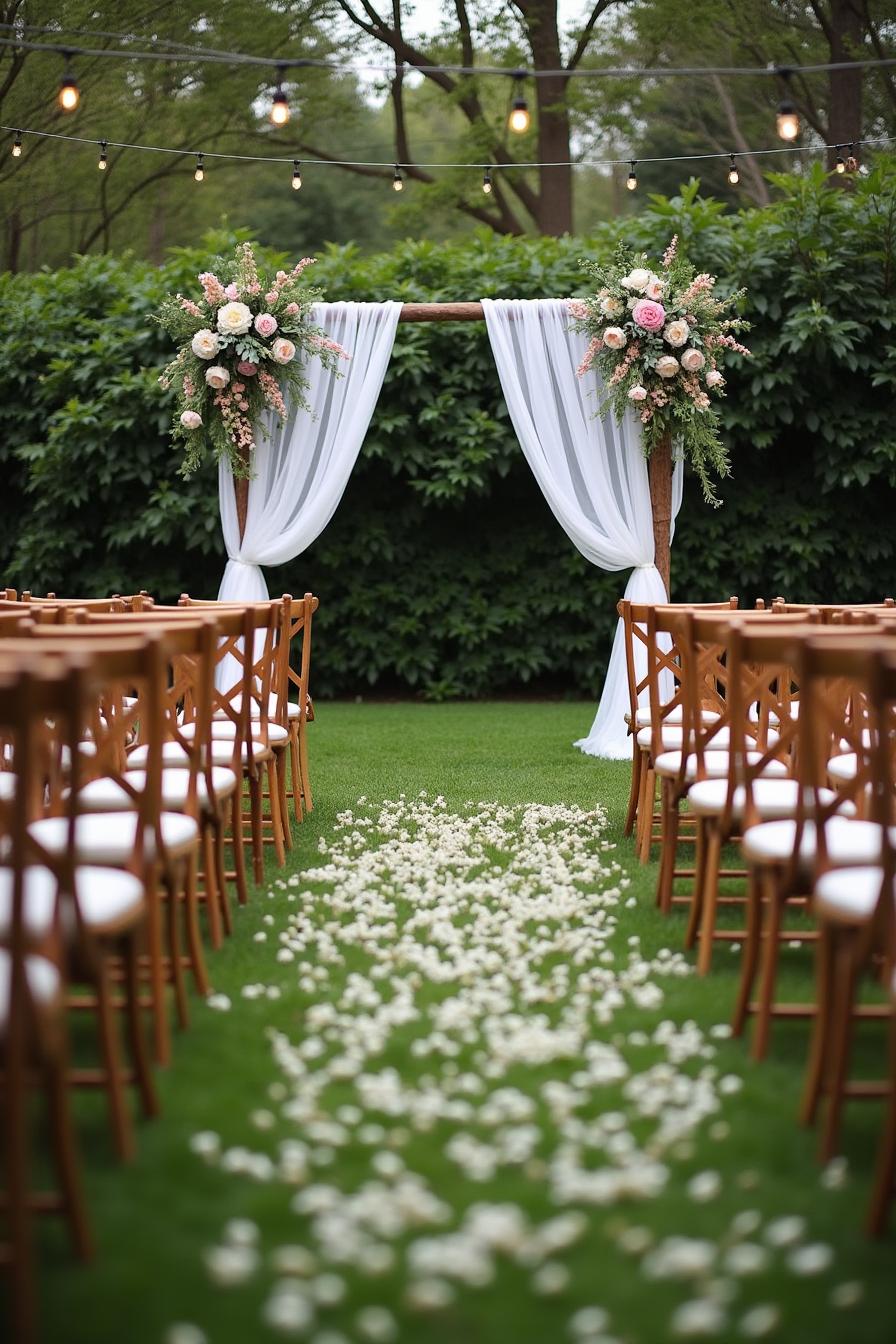 Garden wedding aisle with wooden chairs and floral arch