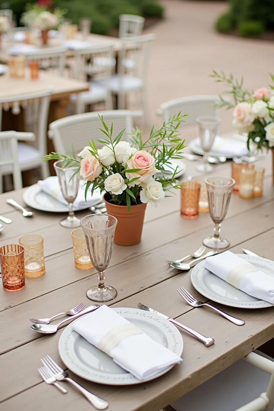 Terracotta pot with roses on a decorated wooden table