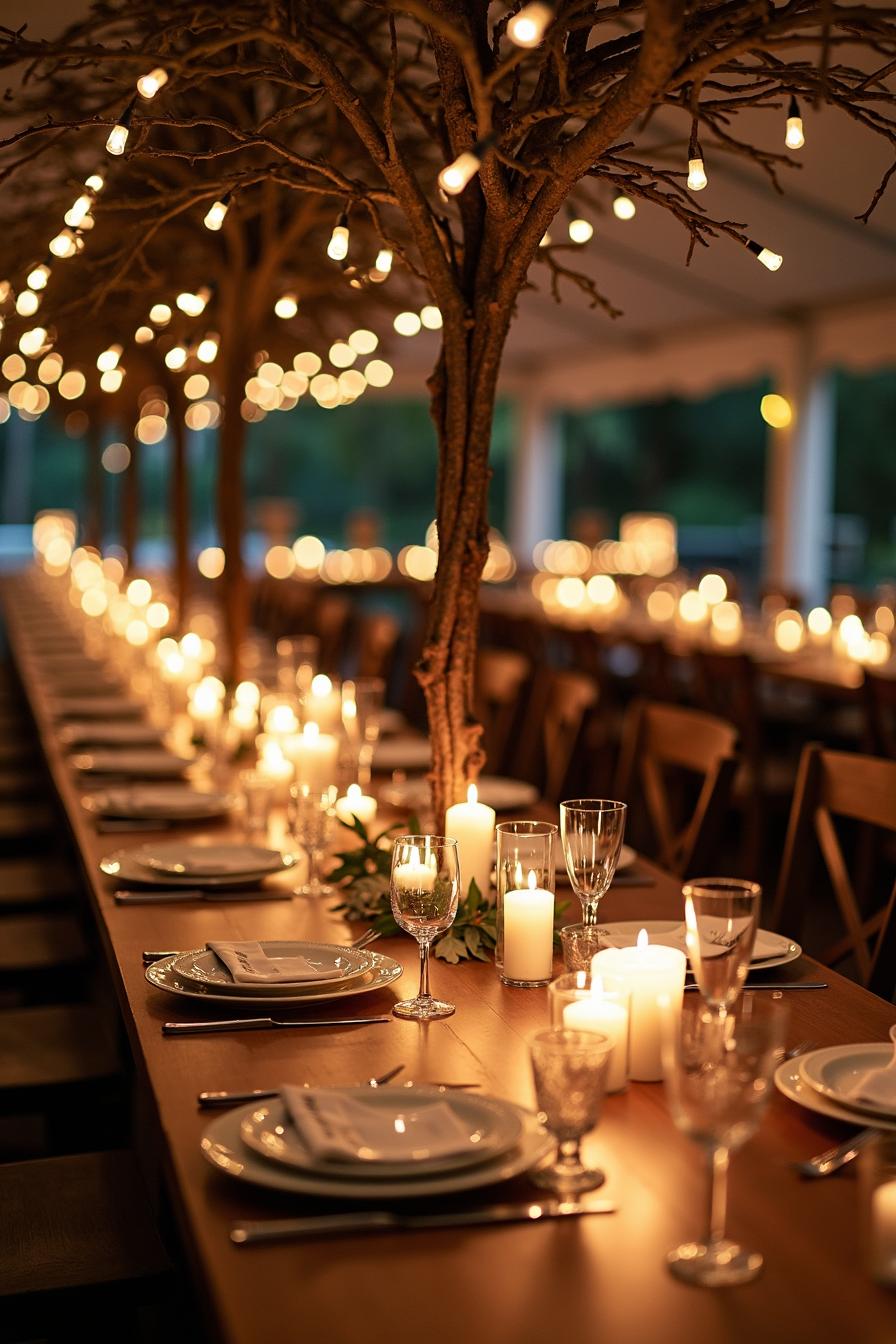 Romantic dinner setting with candles and twinkle lights