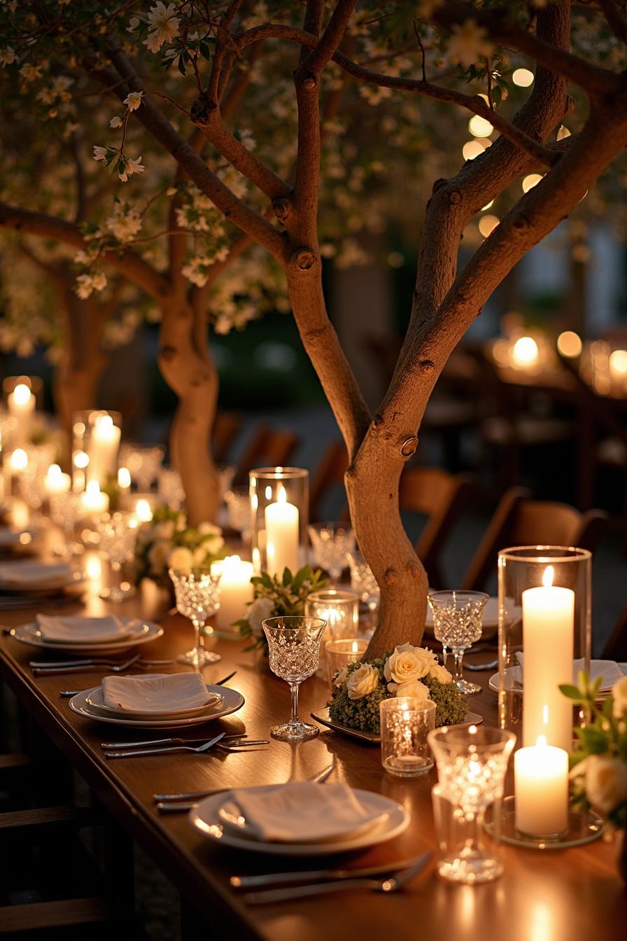 Elegant outdoor wedding table adorned with candles