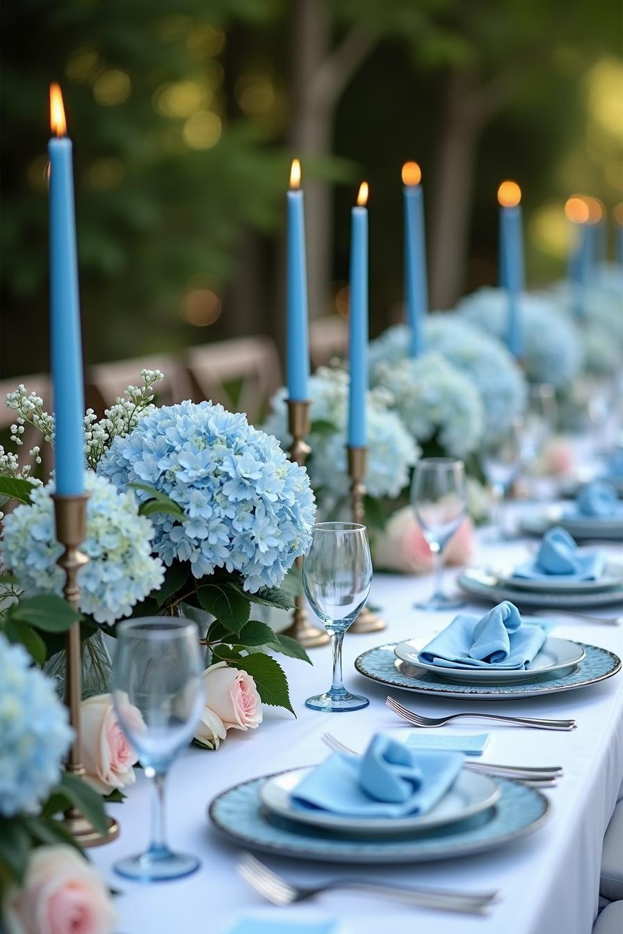 Long blue candles and hydrangea centerpieces on an elegant wedding table