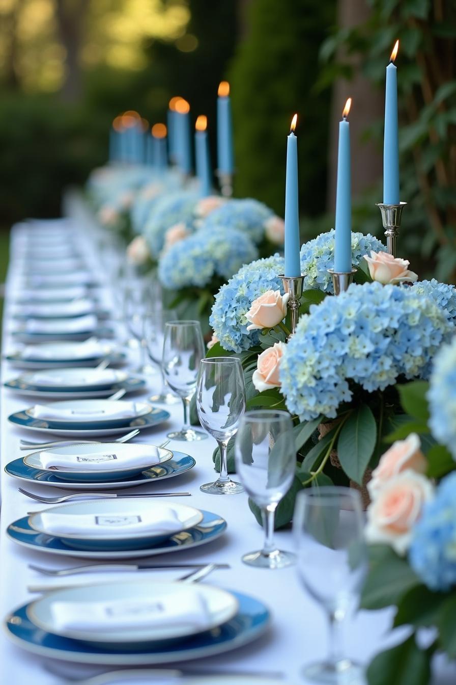 Elegant blue-themed wedding table with candles and floral arrangements